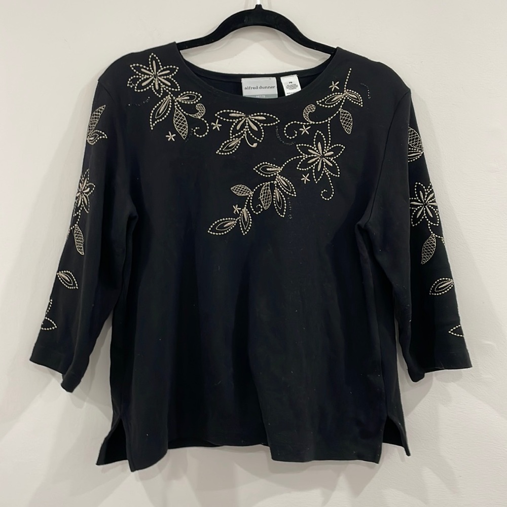 Alfred Dunner petite medium black embroidered with gold 3/4 sleeve T